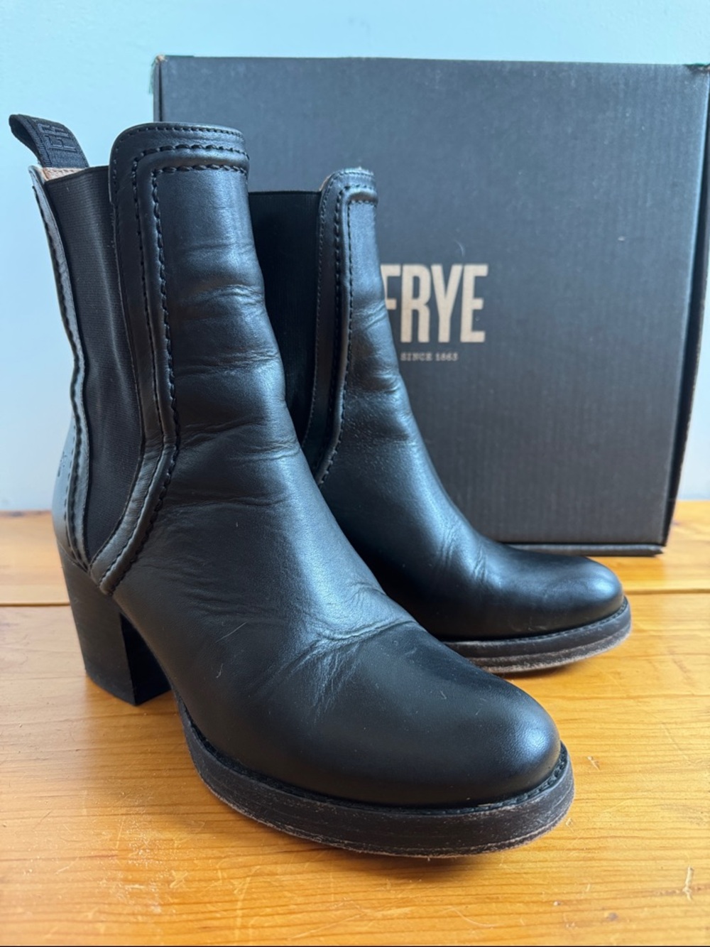 Frye Black Leather Chelsea Block Heel Ankle Boots